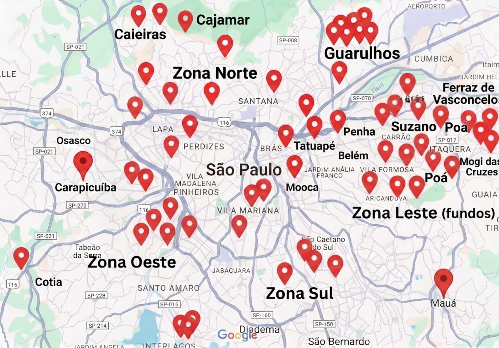 Mapa de regiões atendidas: São Paulo (Zona Norte, Sul, Leste, Oeste e ABC), Guarulhos e Osasco